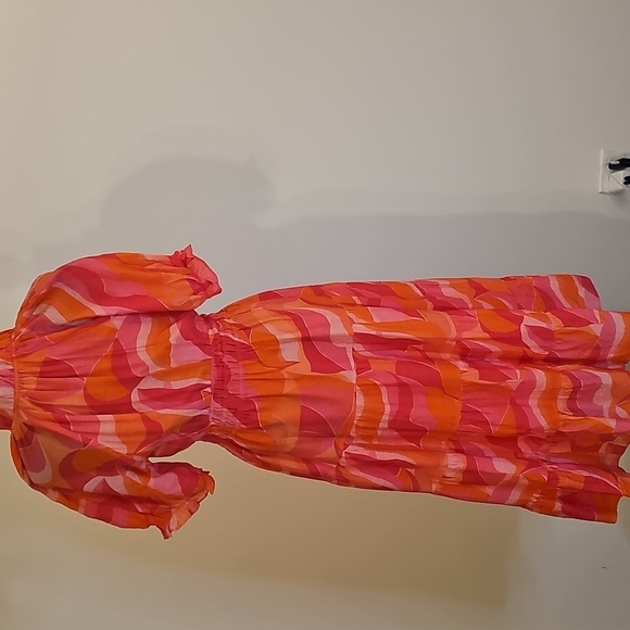 THML Smocked Waist Tiered Orange and Pink Midi Dress - Picture 3 of 5